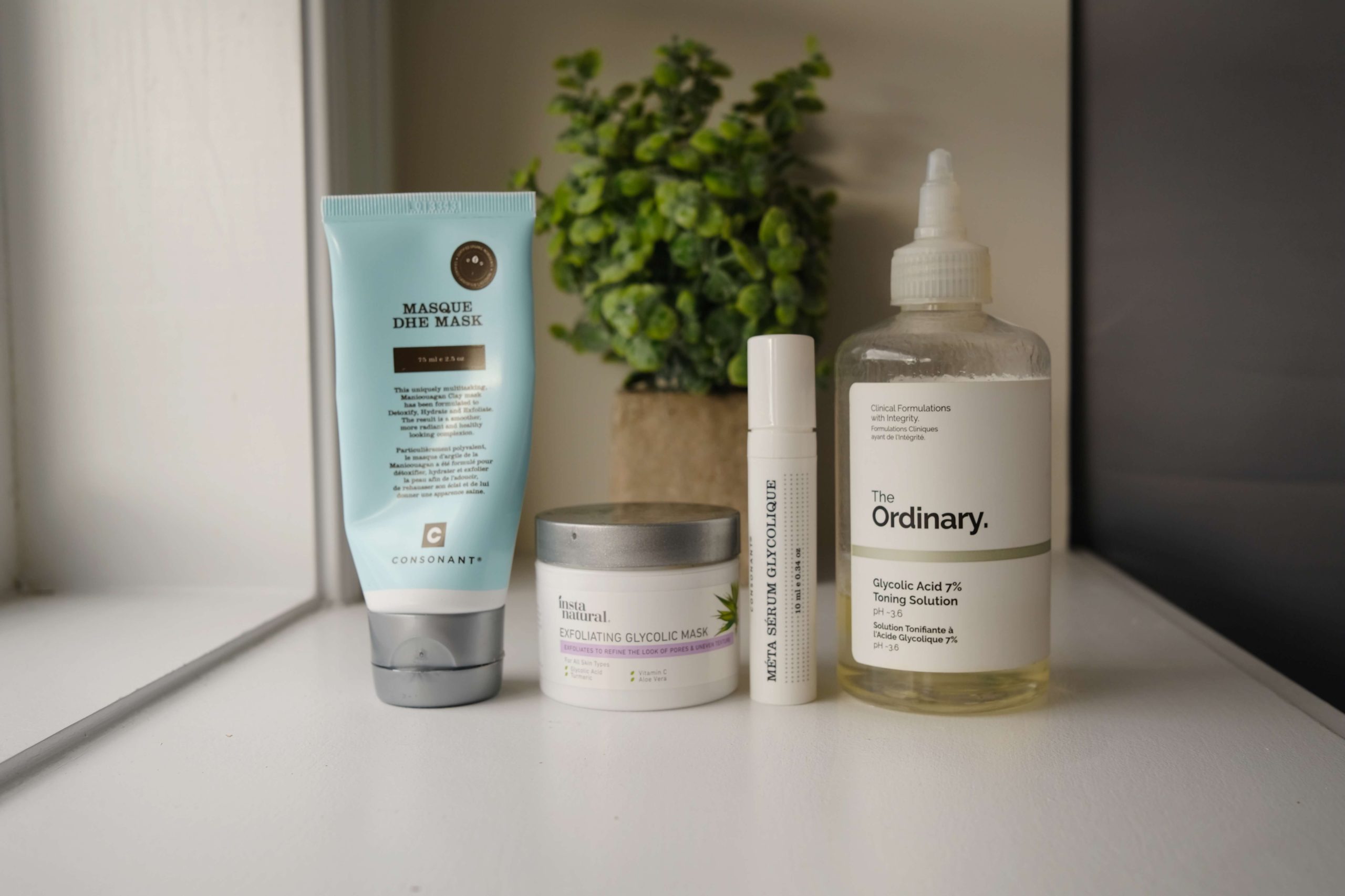 Chemical exfoliants for acne scars: Consonant Skincare DHE Mask, Instanatural Exfoliating Glycolic Mask, Consonant Skincare Maximum Glycolic Meta Serum, The Ordinary Glycolic Acid 7% Toning Solution.